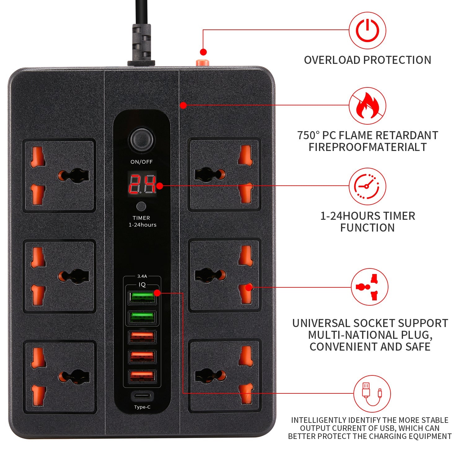 OEM Intelligent 6 Way USB A/USB Type C Charging Ports Power Board Surge Protected USB charger Power Strip