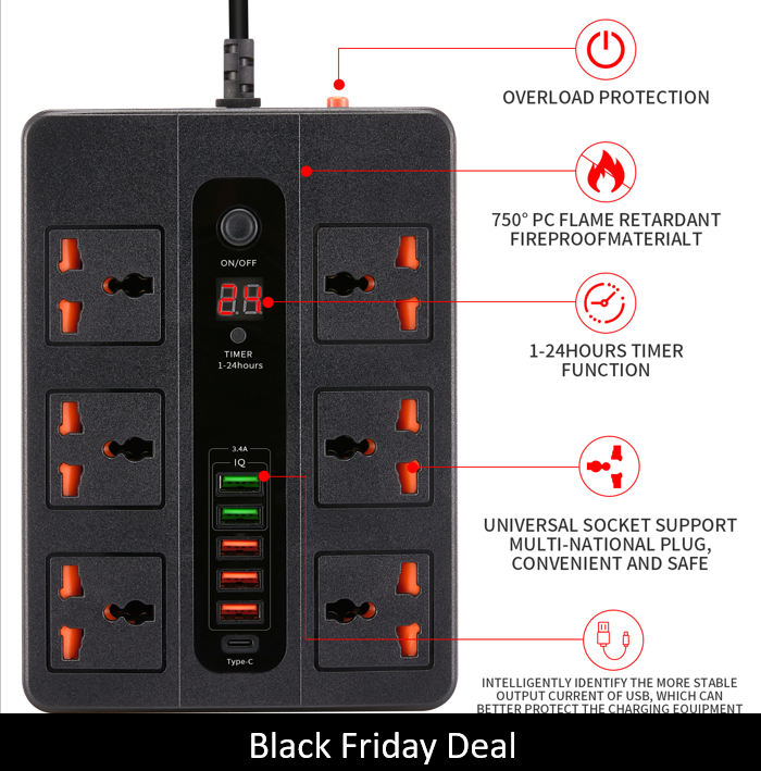 OEM Intelligent 6 Way USB A/USB Type C Charging Ports Power Board Surge Protected USB charger Power Strip