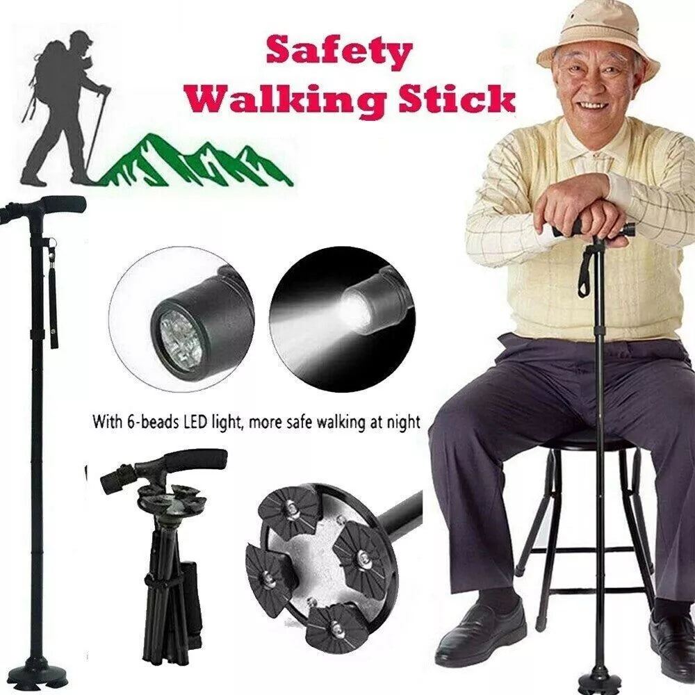 LED Walking Stick Cane Safety All Terrain Pivoting Base Folding Travel Arthritis