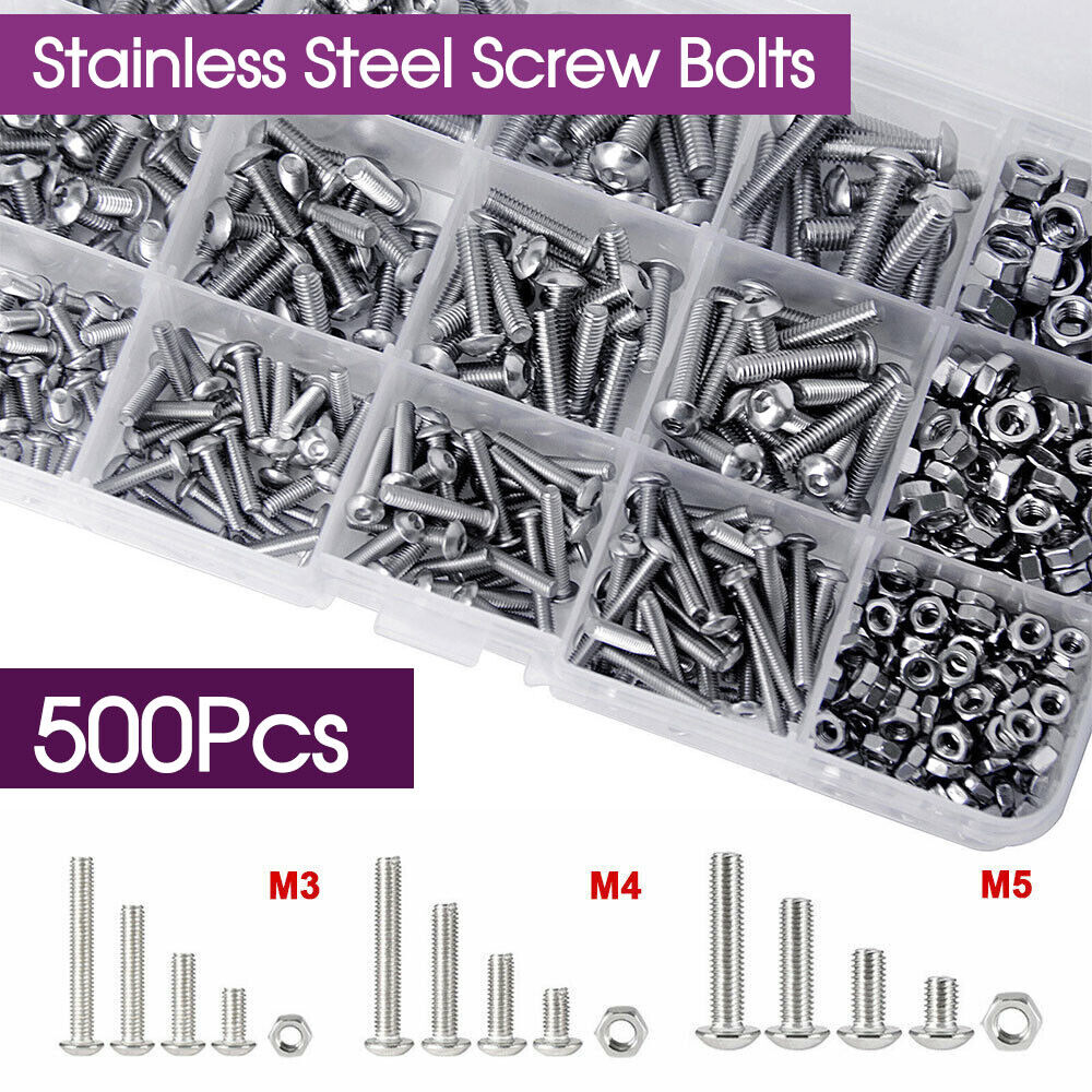 500pc Stainless Steel Hex Socket Button Head Bolts Screws Nuts Kit