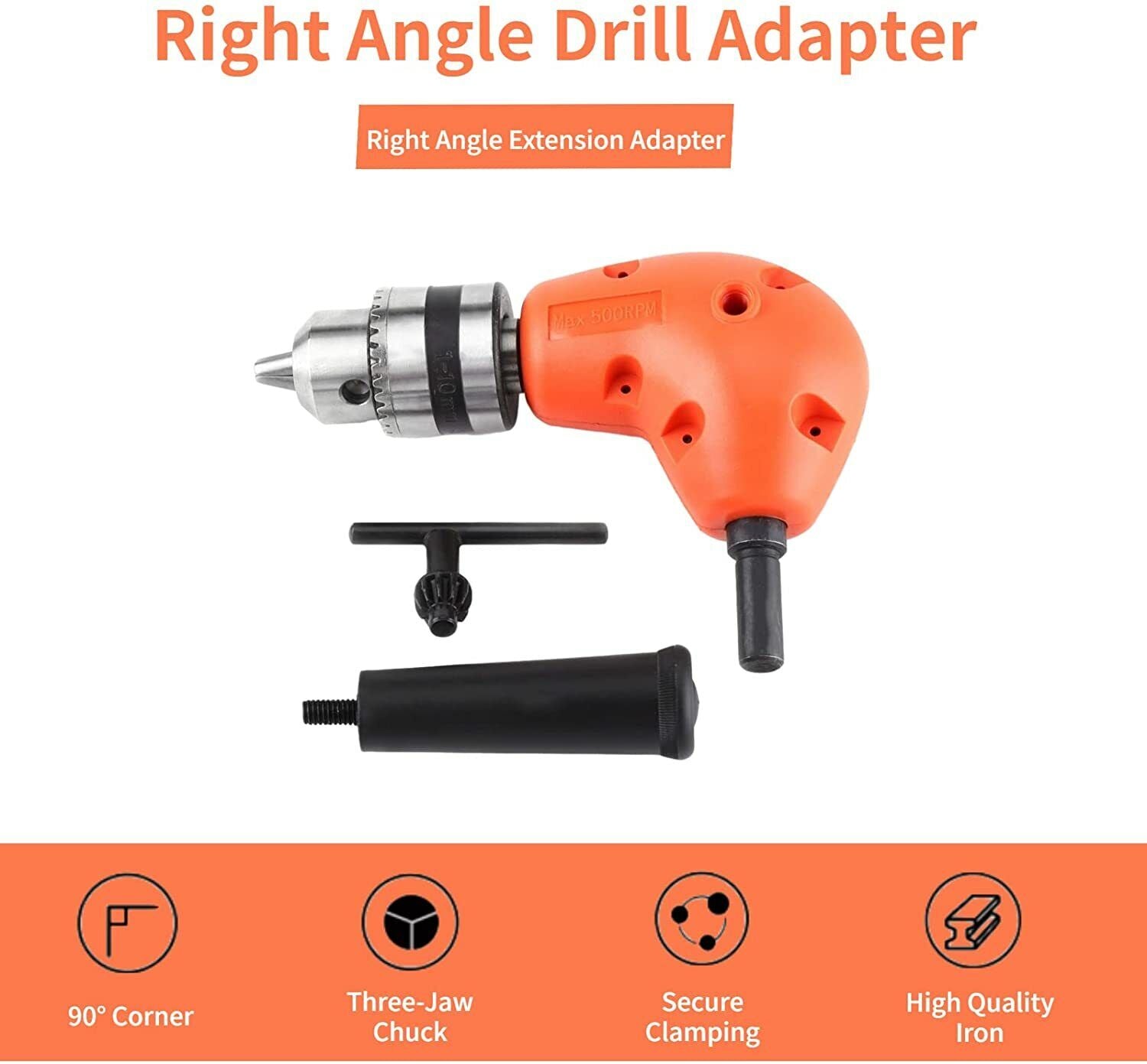 90° Degree Right Angle Drill Attachment 1/4" Drive Adapter With Chuck Key