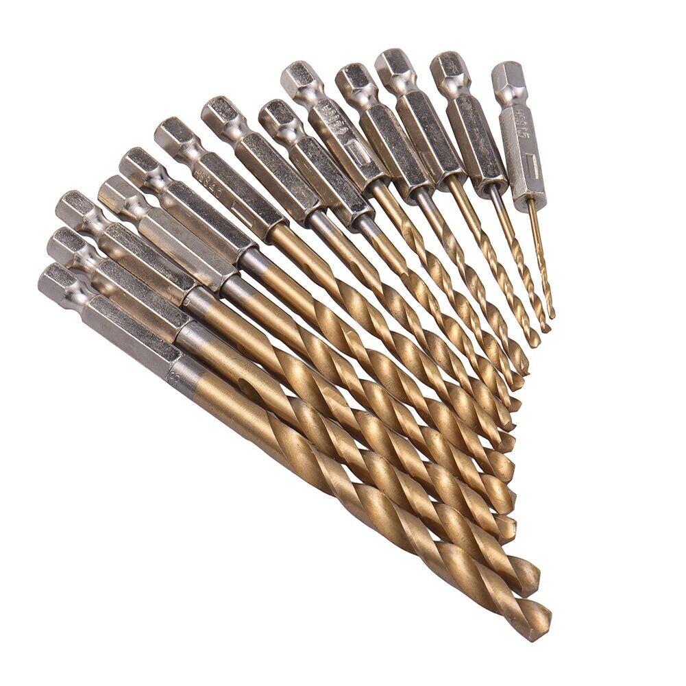 13PC Titanium Coated HSS 1/4" Hex Shank Twist Drill Bit Set for Metal Power Tool