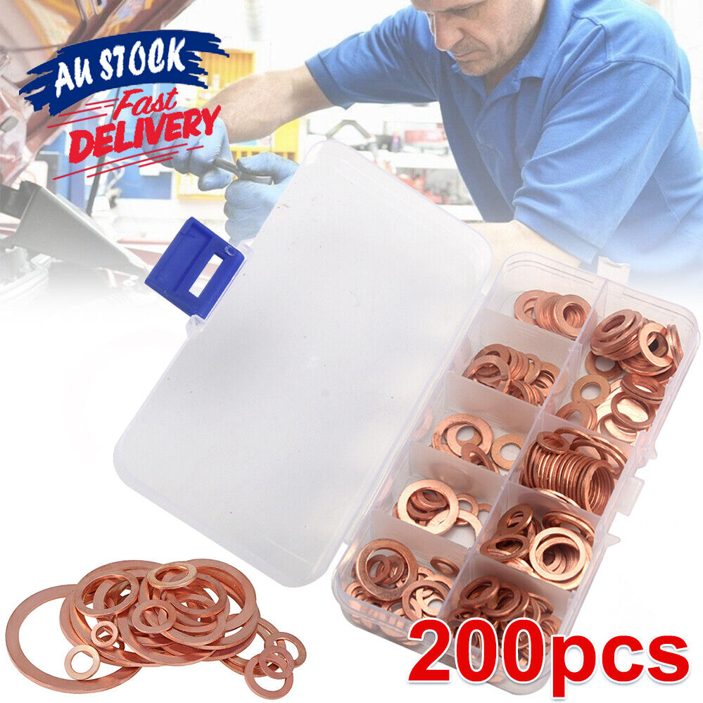 200pc Kit Assorted Solid Copper Crush Washers Seal Flat Ring Gasket Set Durable