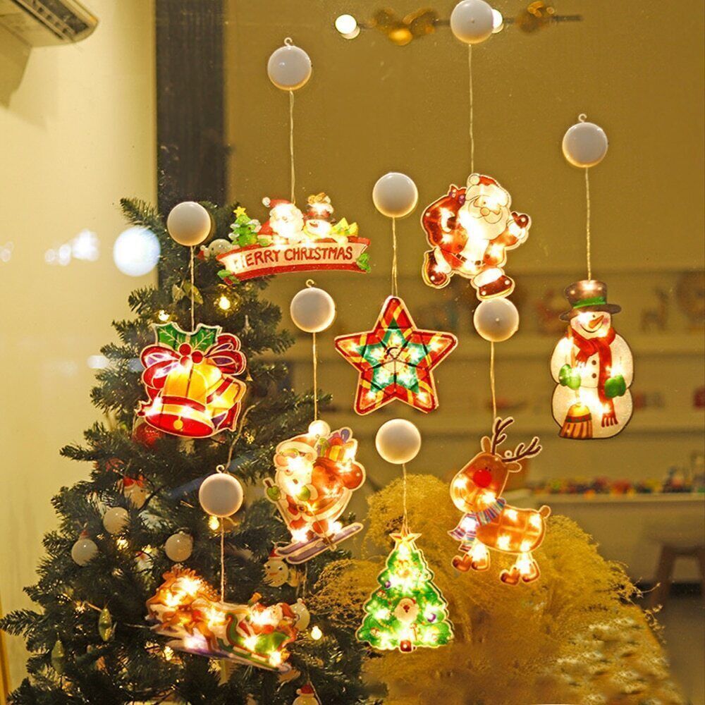 Santa Claus Christmas Window Hanging Lights Xmas Atmosphere Scene Festive Deco