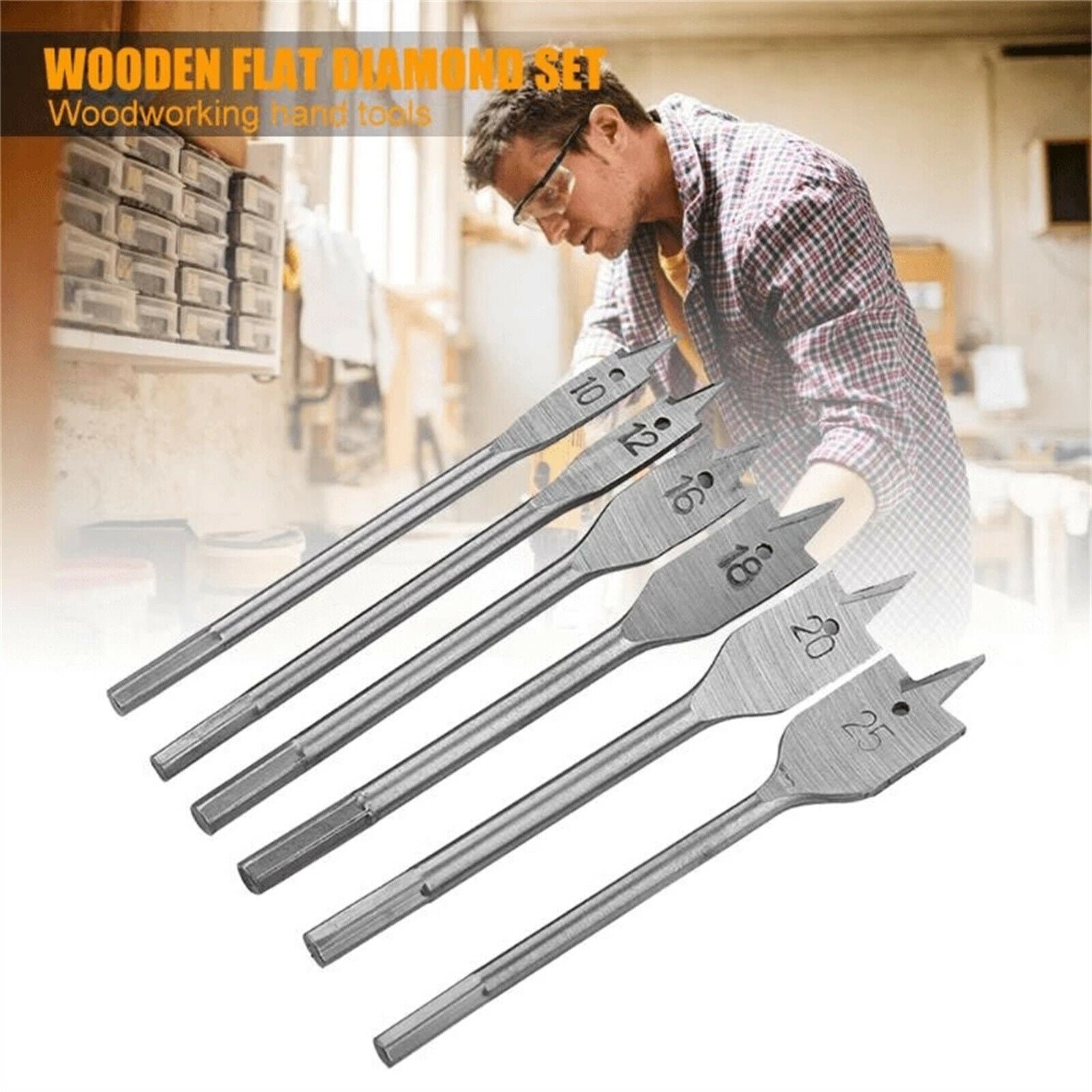 6PCS Flat Wood Boring Spade Drill Bit 10 12 16 18 20 25mm Bits Set 1/4" Shank