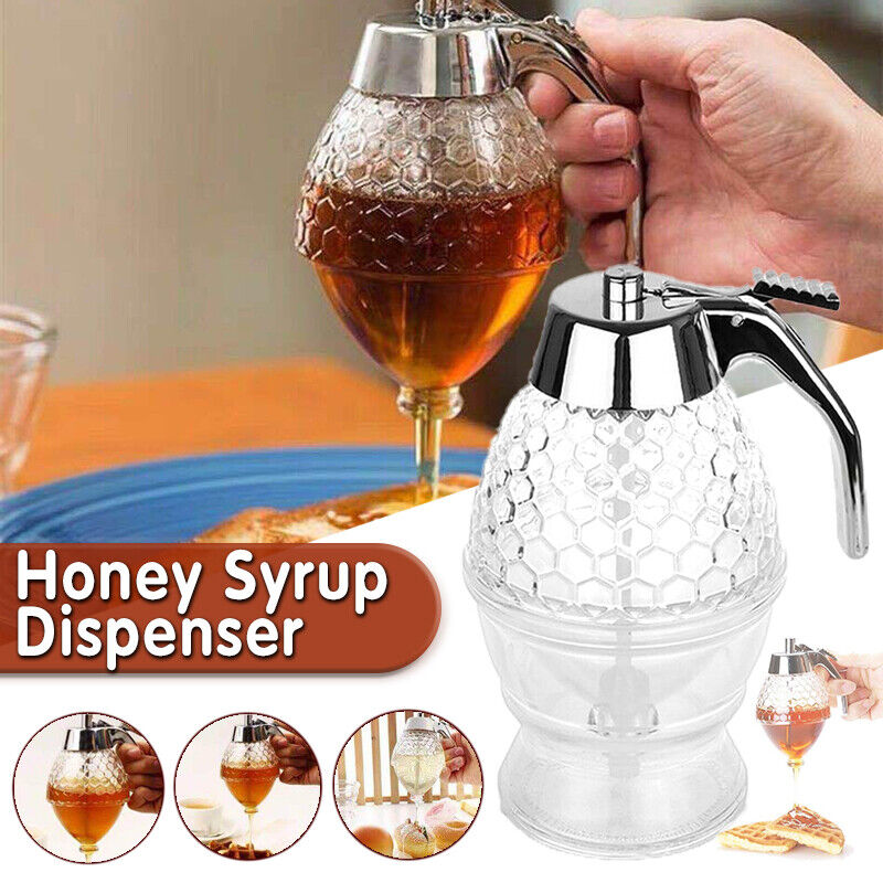 Retro Premium Honey Syrup Dispenser Pot Jar Bee Hive Trigger Stand Kitchen Tool