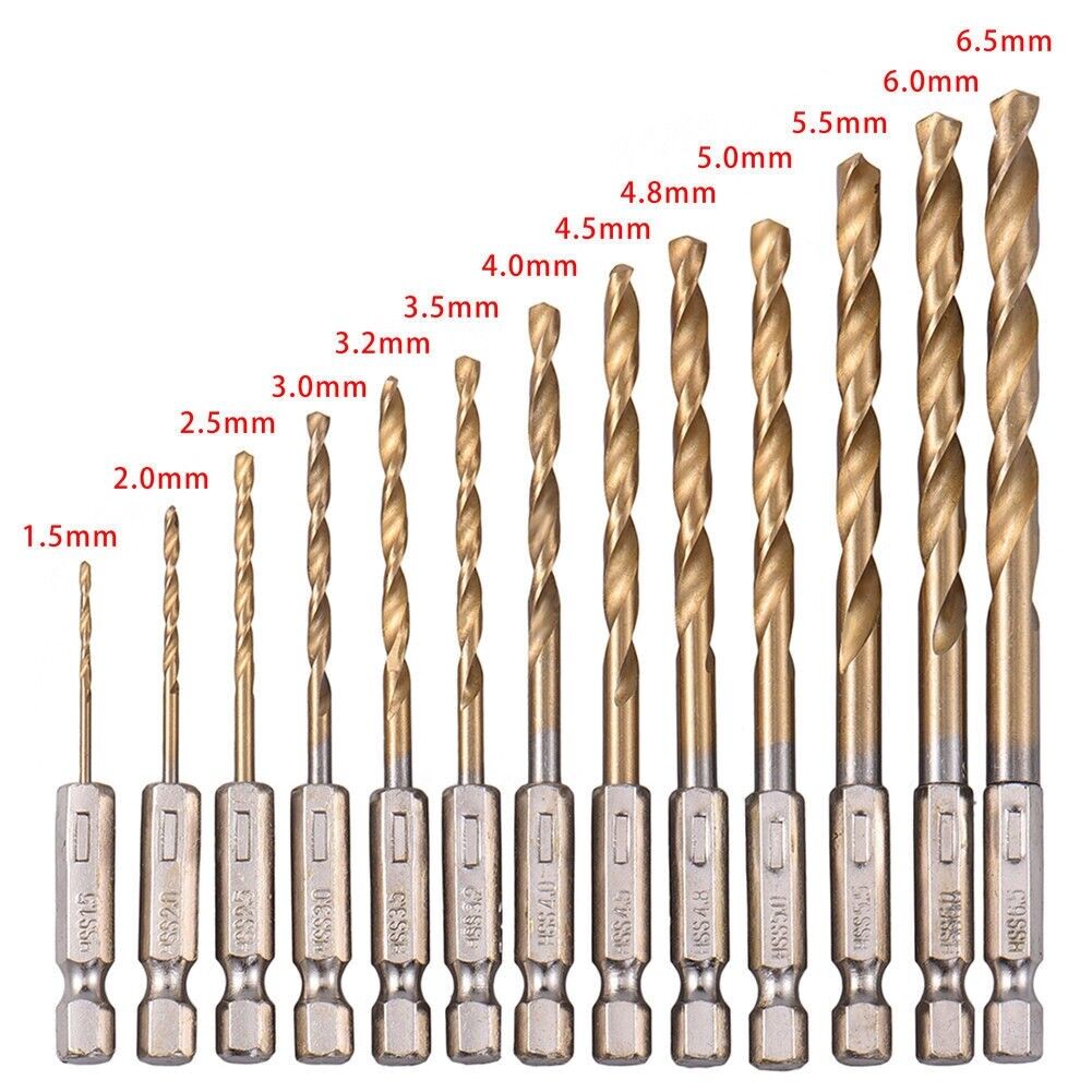 13PC Titanium Coated HSS 1/4" Hex Shank Twist Drill Bit Set for Metal Power Tool