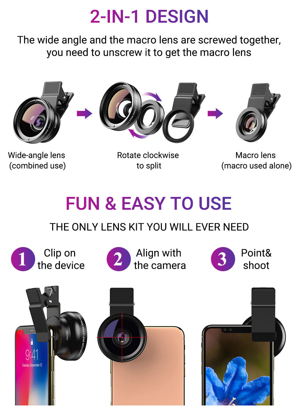 0.45X Wide Angle 12.5X Macro HD Camera Lens Clip-on For iPhone Samsung