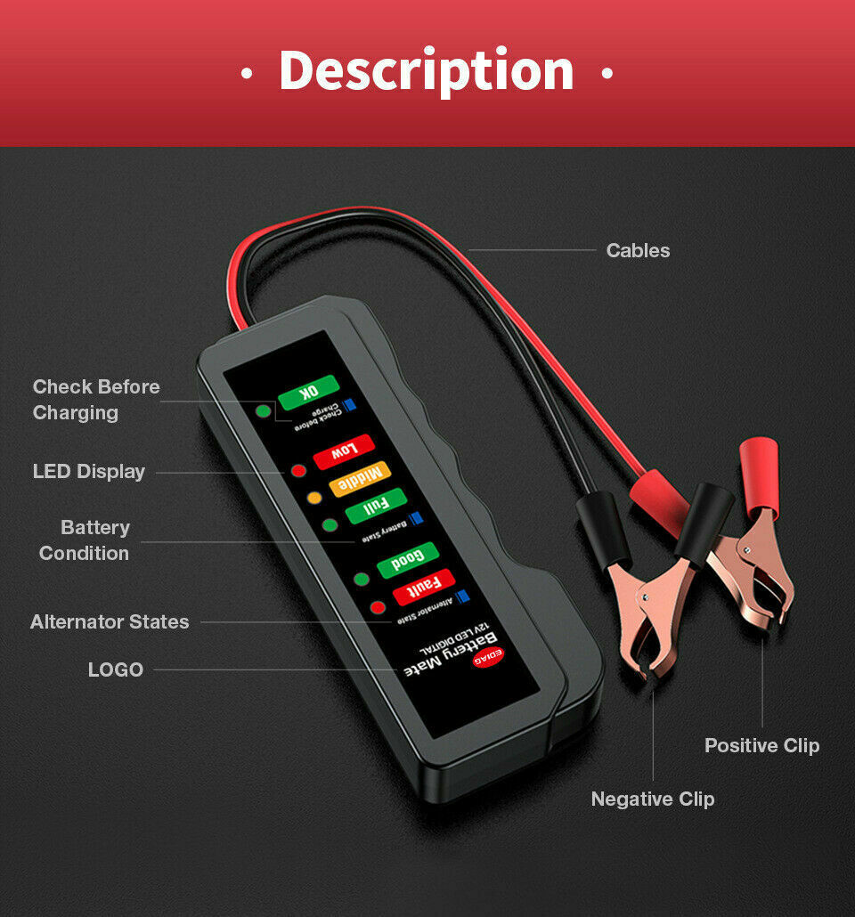 Car Battery Tester Automotive 12V Digital Testing Tool Voltage Analyzer Checker