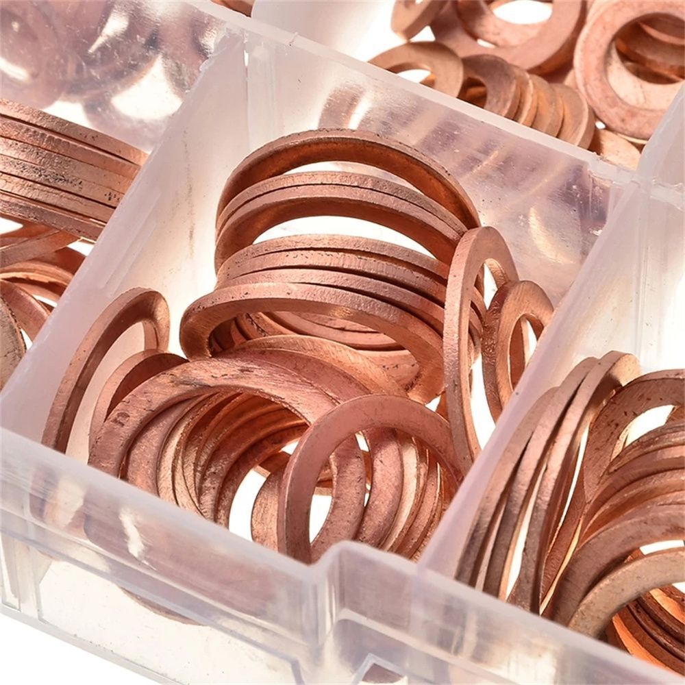 200pc Kit Assorted Solid Copper Crush Washers Seal Flat Ring Gasket Set Durable