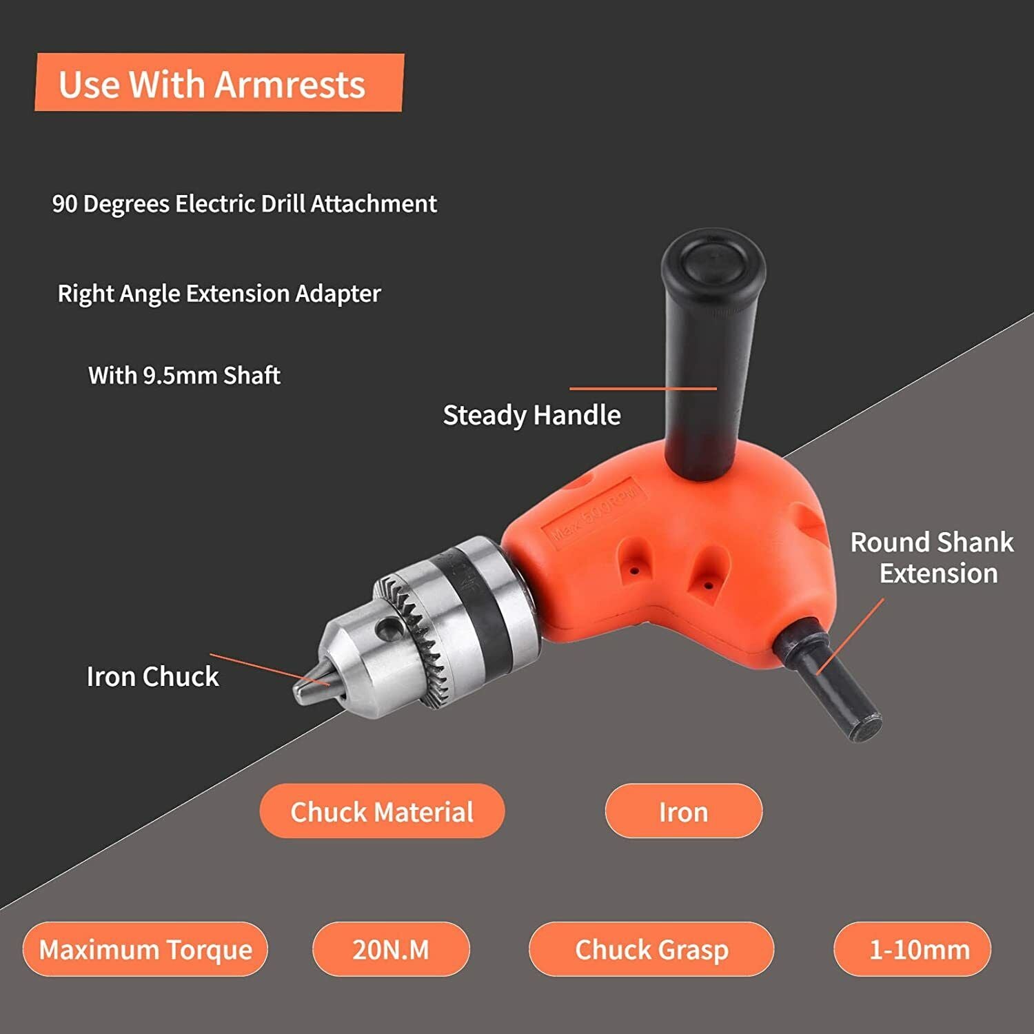 90° Degree Right Angle Drill Attachment 1/4" Drive Adapter With Chuck Key