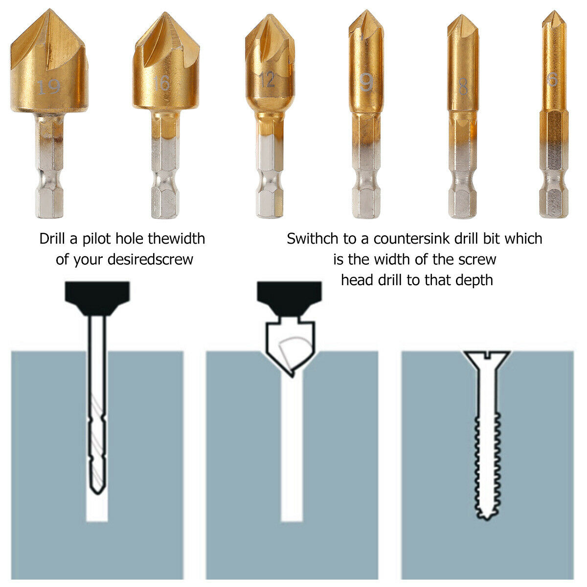 Countersink Drill Bit Set High Speed Steel 6mm-19mm 5 Flute Chamfering Drill Bit