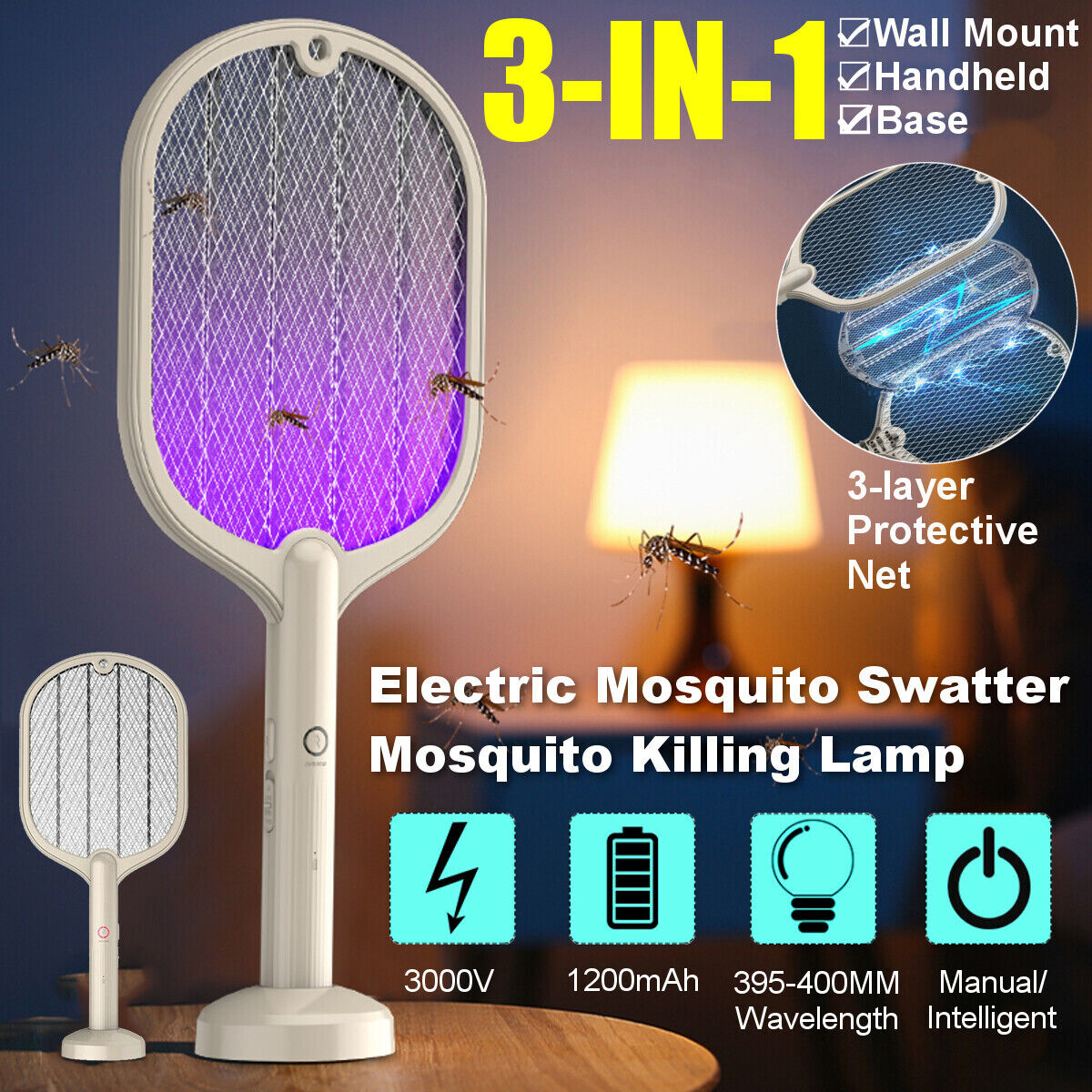 Rechargeable Bug Zapper Mosquito Swatter Racket Electric Fly Insect Killer USB