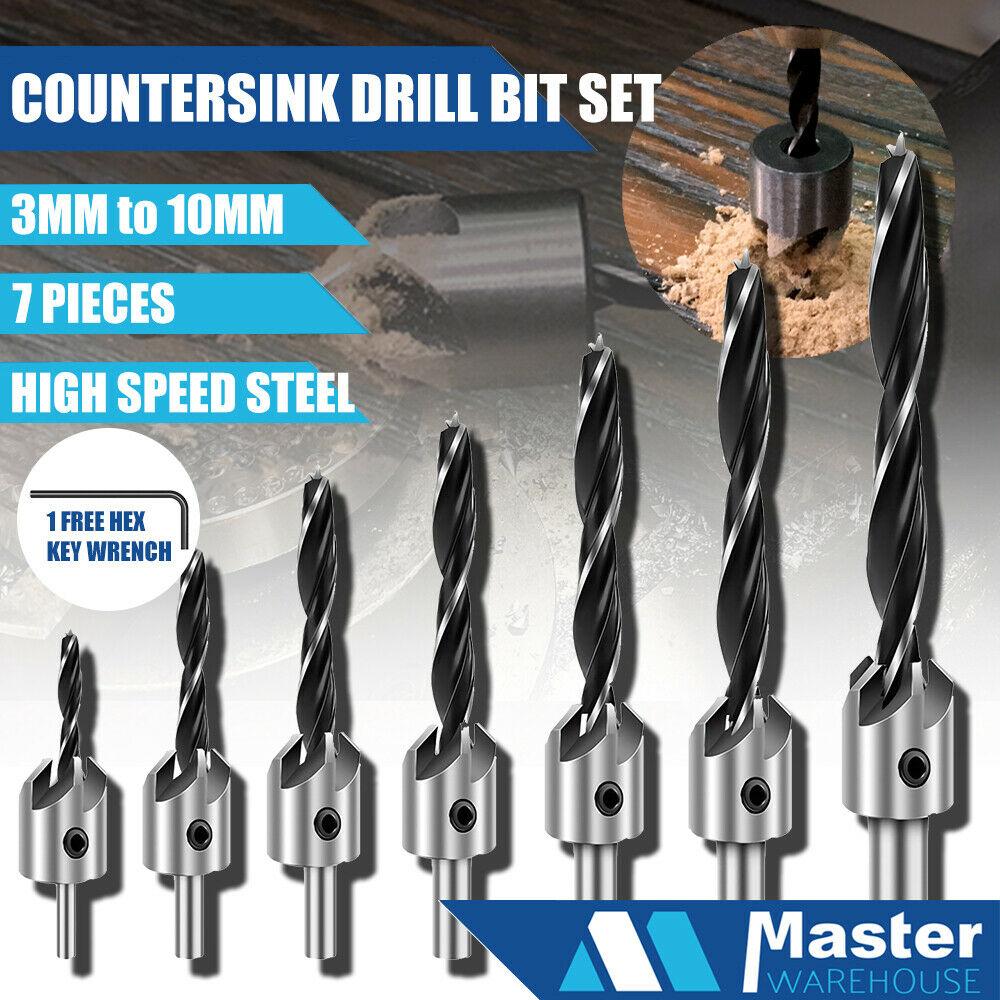 7pc Wood Countersunk Head Drill Bit Set Auger Countersink Screw Kit + 1 Hex Key