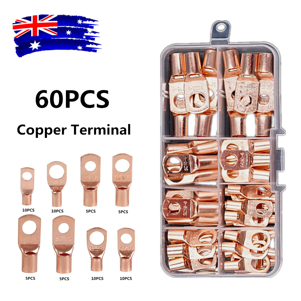 60PCS Assorted Car Auto Copper Ring Lug Terminals Wire Bare Cable Crimp Connectors Kit