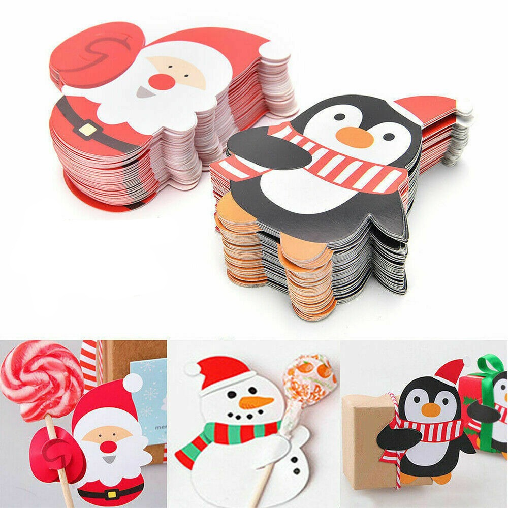 Christmas Party Lollipop 50Pcs Lolly Sugar-loaf Paper Card Penguin Holder Santa