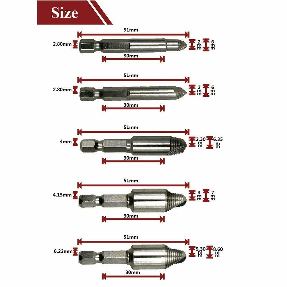 5pc Damaged Broken Stripped Screw Drill Bit Tool Set Bolt Remover