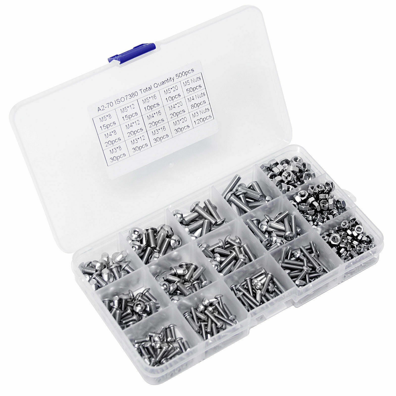 500pc Stainless Steel Hex Socket Button Head Bolts Screws Nuts Kit