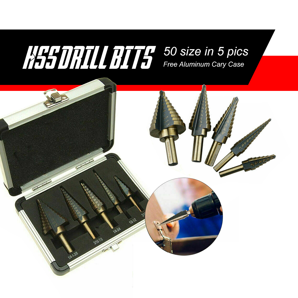 5Pcs HSS Step Steel Cone Drill Hole Cutter Titanium Bits Set Kit + Aluminum Case