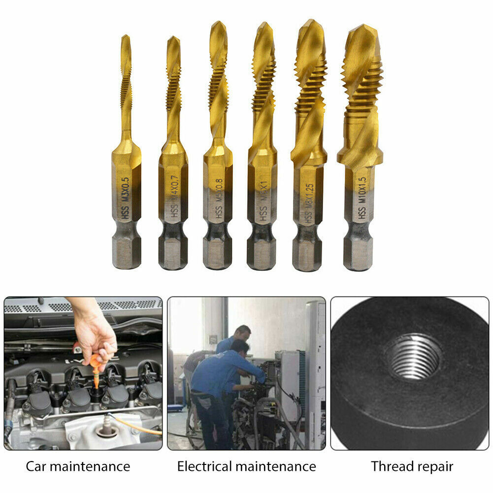 6pcs Drill Tap Countersink Deburr Set Metric Combination Drill Tap Bit M3-M10