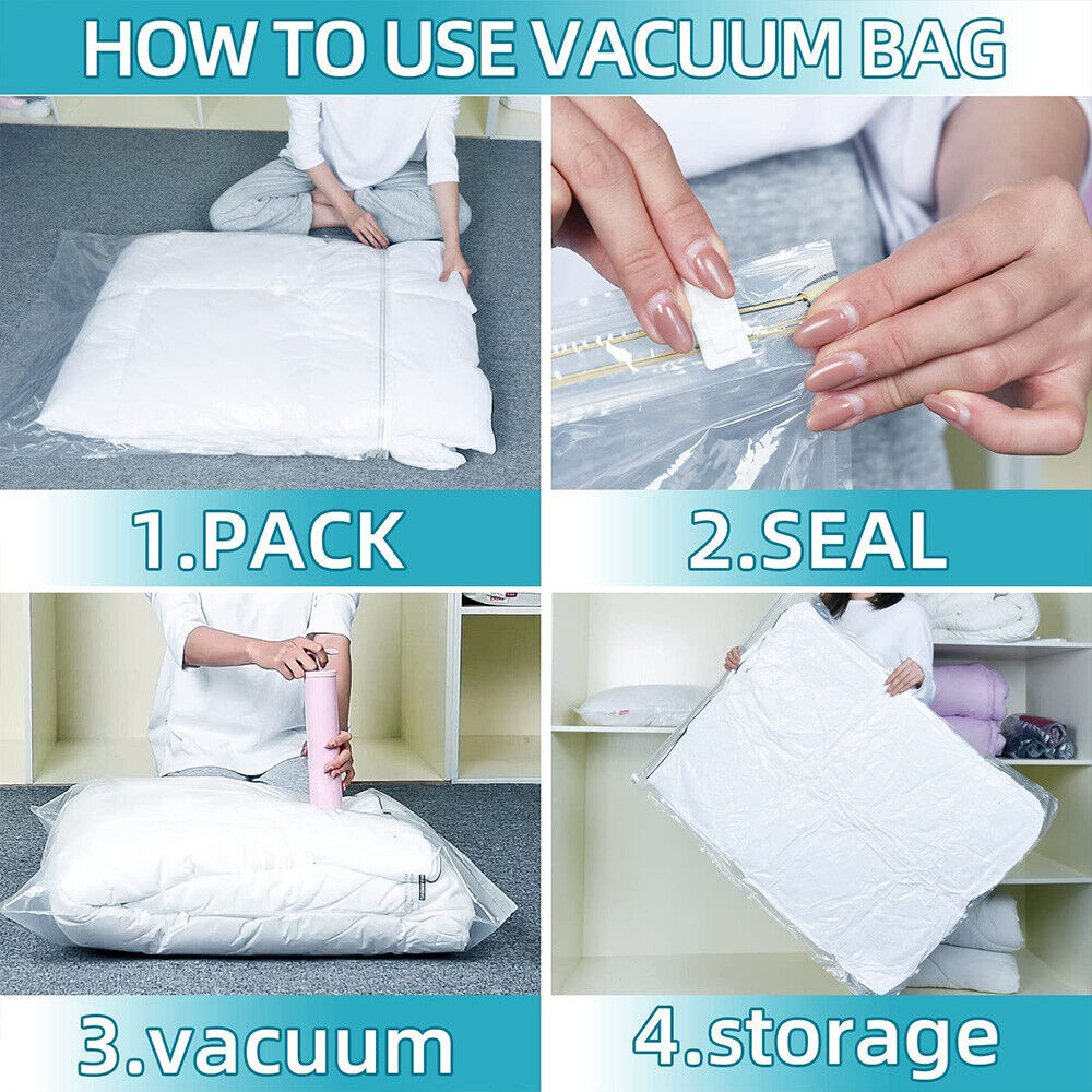 5PC Vacuum Storage Bags Space Saver Seal Compressing Medium Large for Cloth Quilt With Pump