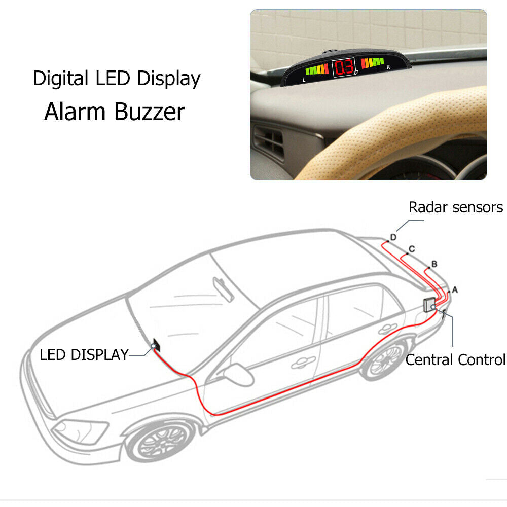 Car Parking Sensor System Kit 4 Parking 12V LED Display Reverse Backup Radar