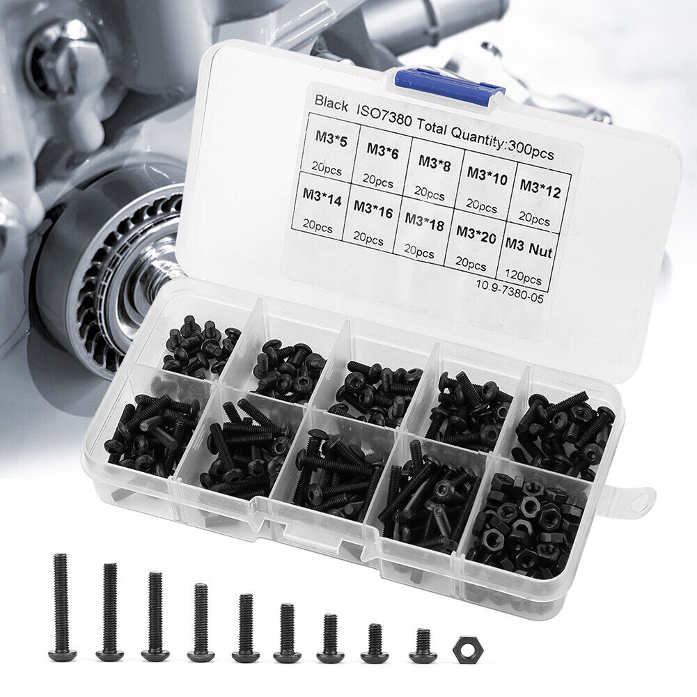 300x M3 Black 10.9 Grade Button Head Hex Socket Screw Bolt Nut Assortment Kit