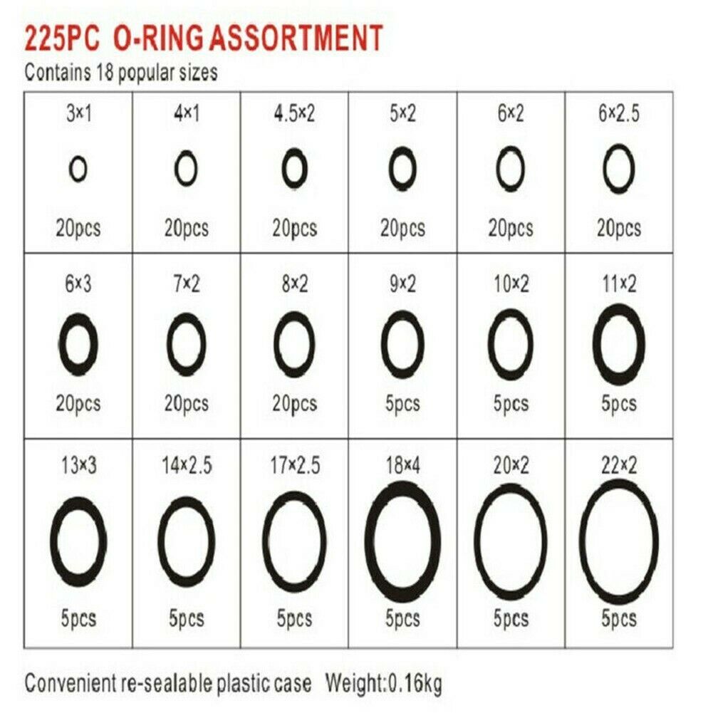 225 Pcs Rubber O Ring Oring Seal Plumbing Garage Assort Set Kit