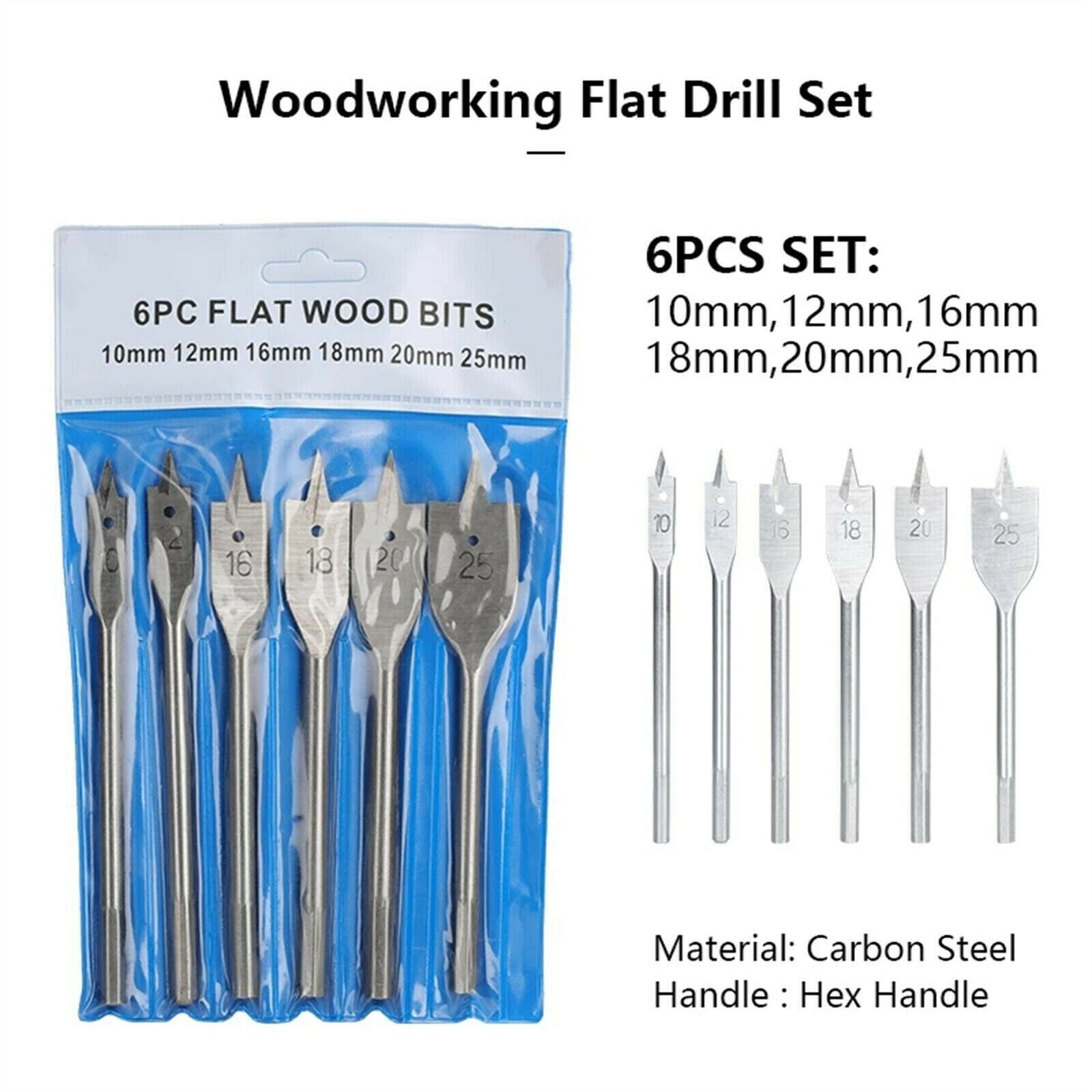 6PCS Flat Wood Boring Spade Drill Bit 10 12 16 18 20 25mm Bits Set 1/4" Shank