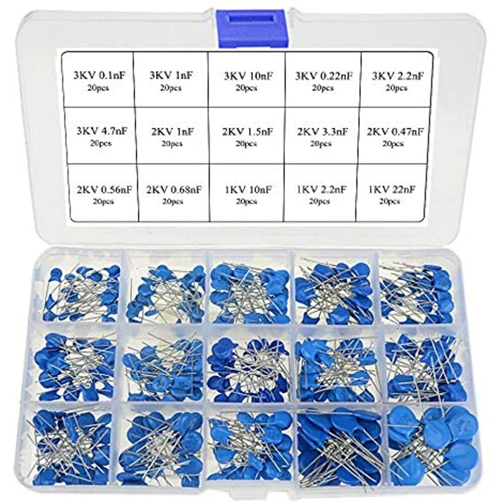 300pcs 15Values High Voltage Ceramic Disc Capacitor Assortment Kit (1KV 2KV 3KV)