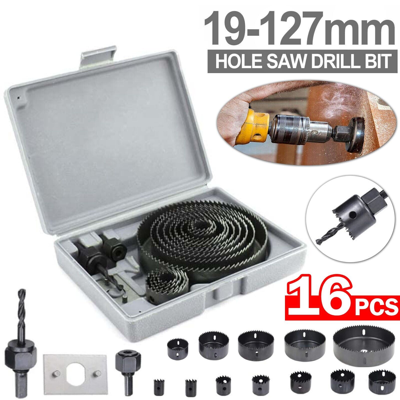 16PC Hole Saw Drill Bit Kit Set Holesaw Wood Sheet Metal Timber Woodworking Tool