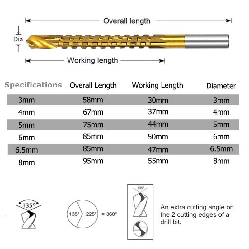 6PC Titanium HSS Wood Auger Set Long Wood Bits 3-8 MM Drill Bit