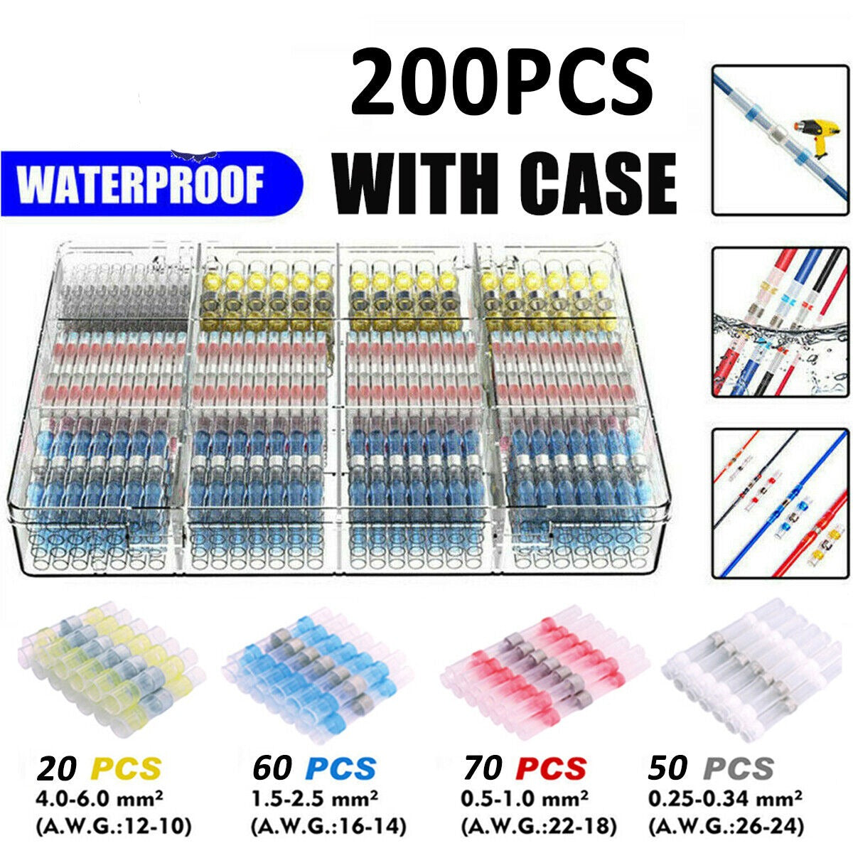 200PCS Waterproof Solder Seal Sleeve Heat Shrink Butt Wire Connectors Terminals