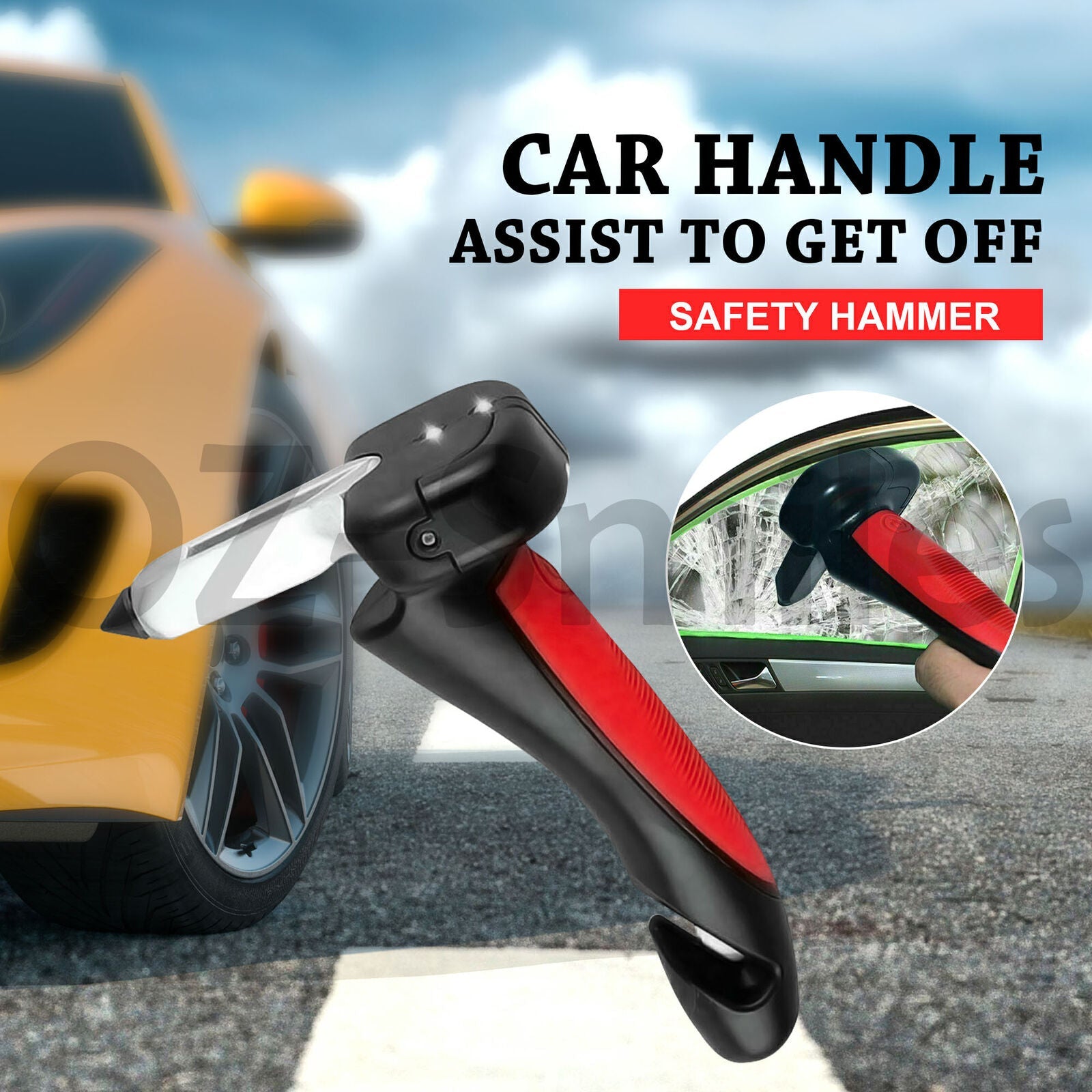 Car Door Handle Disability Elderly Standing Aid Cane Flashlight Glass Breaker