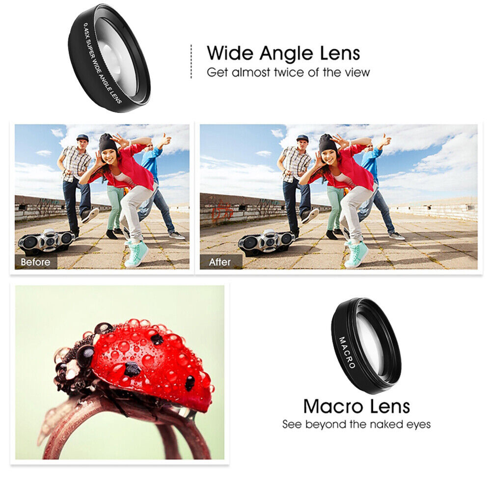 0.45X Wide Angle 12.5X Macro HD Camera Lens Clip-on For iPhone Samsung