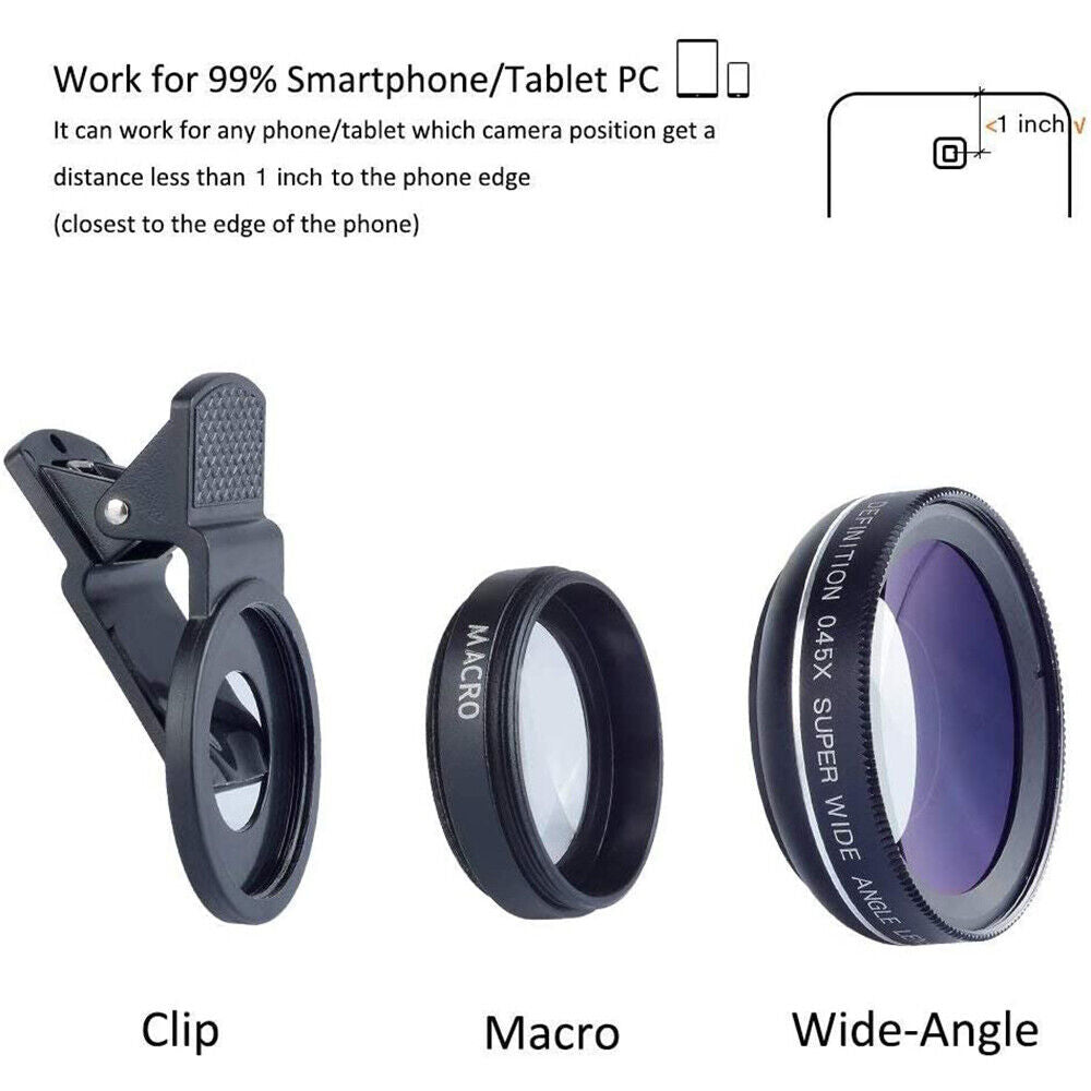 0.45X Wide Angle 12.5X Macro HD Camera Lens Clip-on For iPhone Samsung