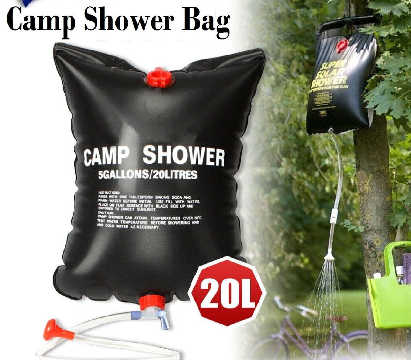 20L Camp Shower Bag Solar Heat Water Pipe Portable Camping Hiking Travel Outdoor