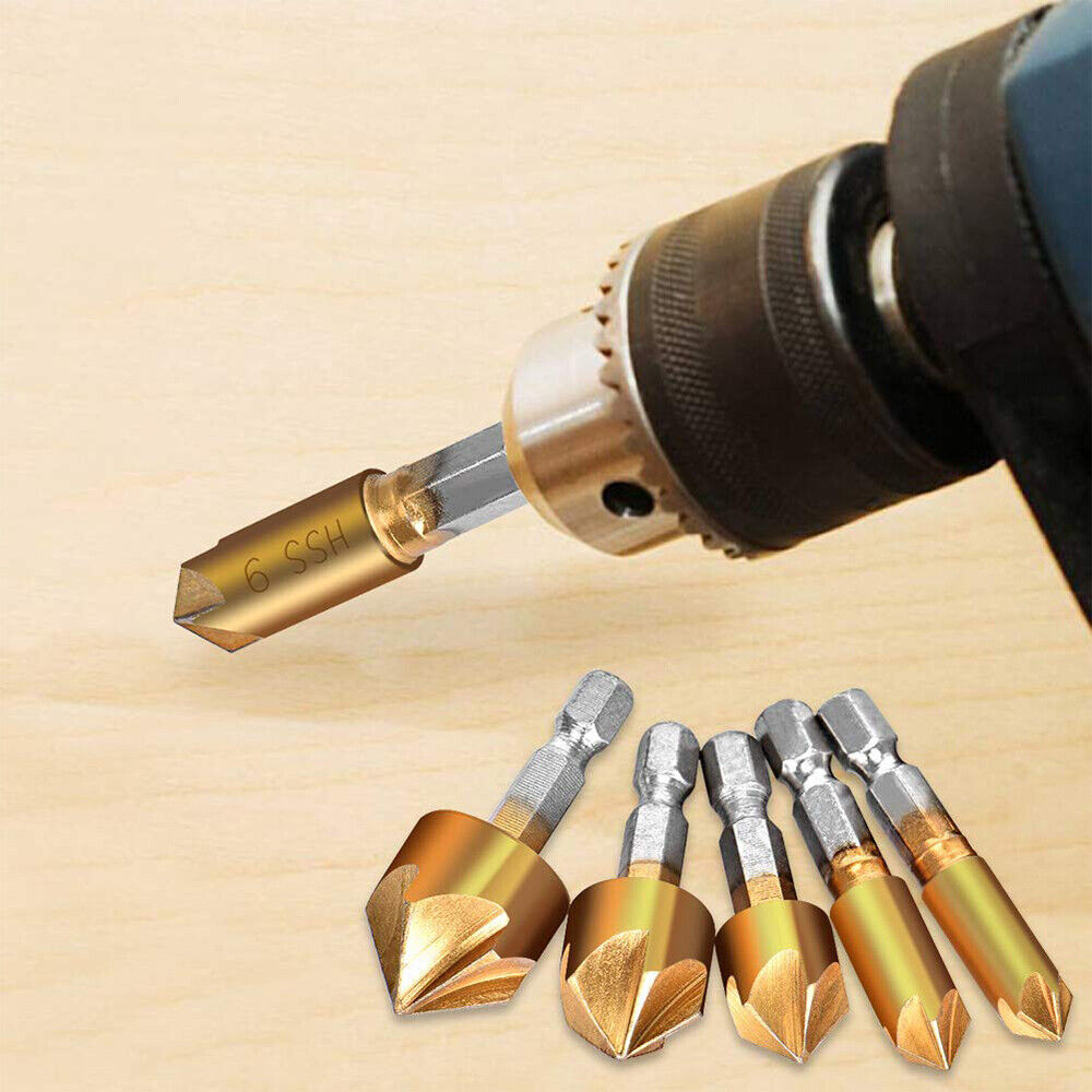 6Pcs 5 Flute 90° HSS Countersink Drill Bit 6-19mm Set Chamfer Cutter For Wood