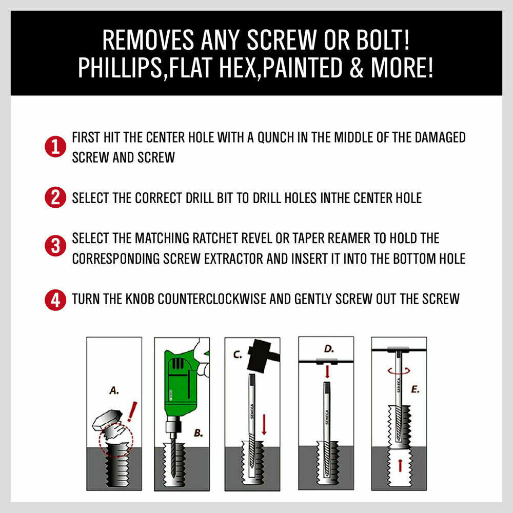 6pc Screw Extractor Set 1/8" - 1" Removes Broken Bolts & Screws