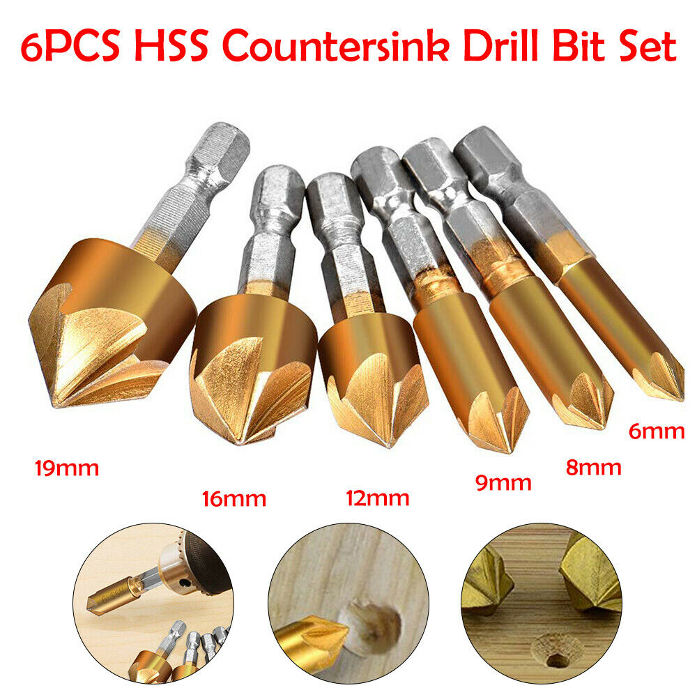 6Pcs 5 Flute 90° HSS Countersink Drill Bit 6-19mm Set Chamfer Cutter For Wood