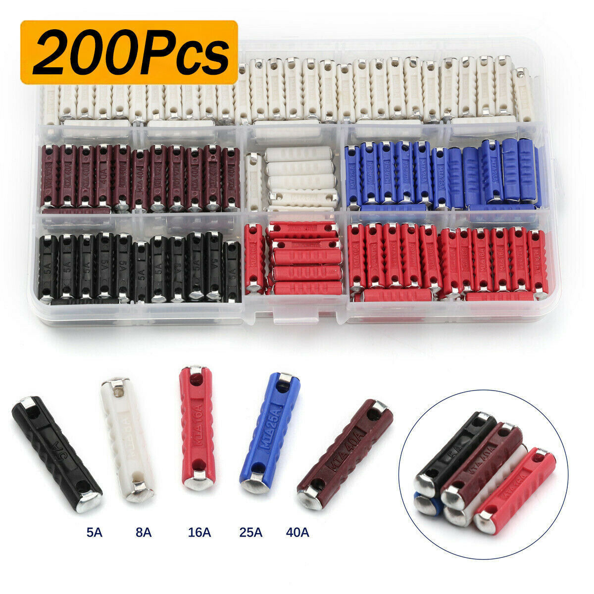 200pcs Ceramic Continental Fuse Torpedo Fuses Assortment Kit 5A 8A 16A 25A 40AMP