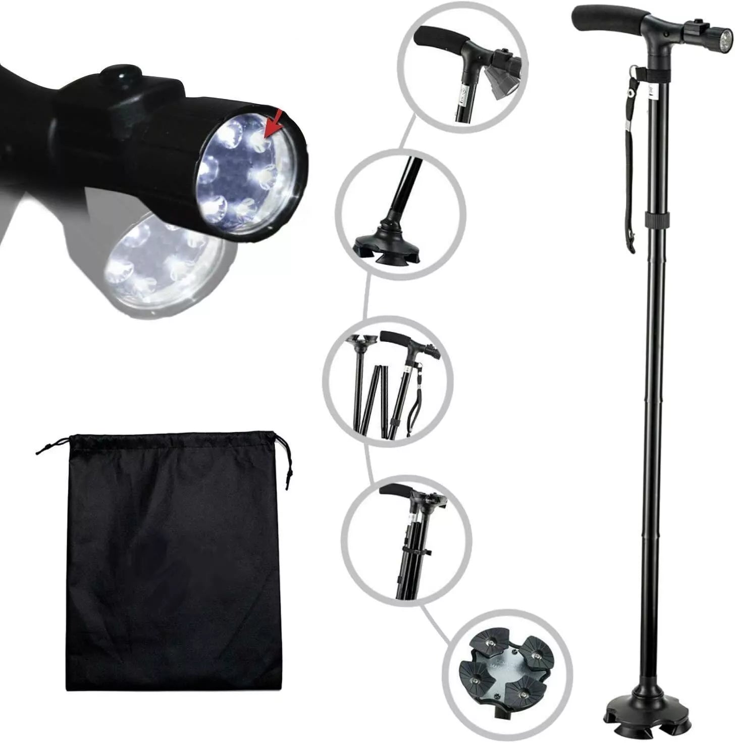 LED Walking Stick Cane Safety All Terrain Pivoting Base Folding Travel Arthritis