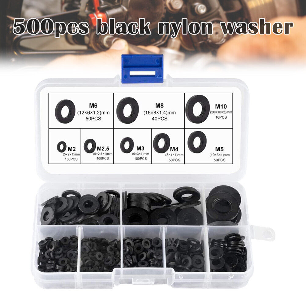 500PCS M2-M12 Nylon Flat Ring Washer Seal Hose Gaskets Metric Bolt Srew Kit