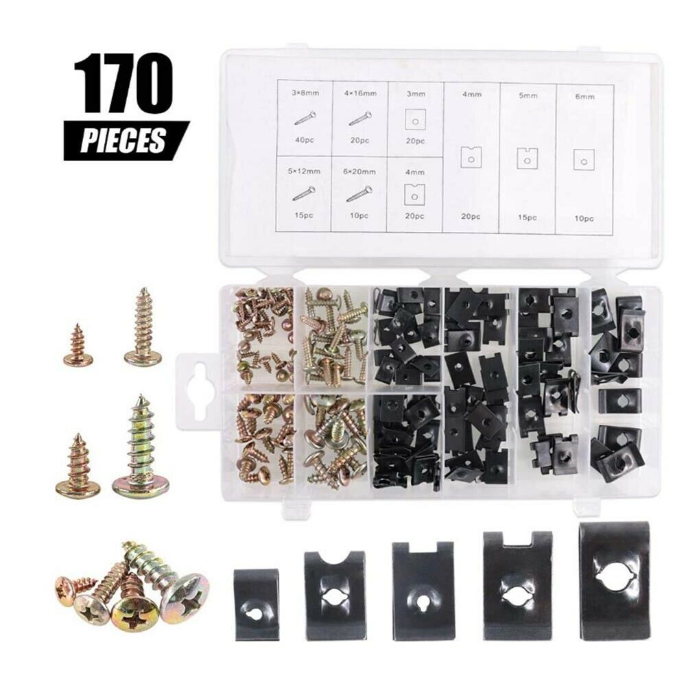 170PCS U-Clip Round Head Taping Screw Assortment Interior Door Trim Panel Clips