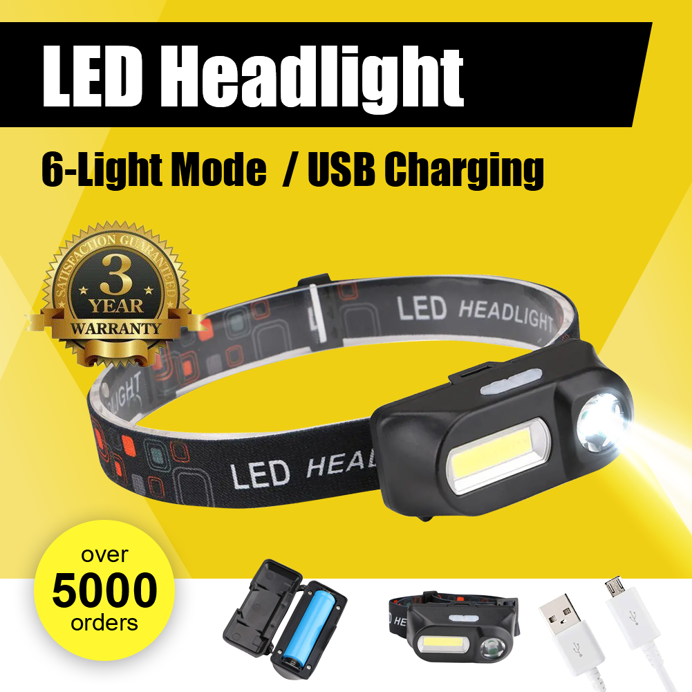 COB LED Headlight Headlamp Flashlight USB Rechargeable Torch Camping Hiking Night Fishing Light