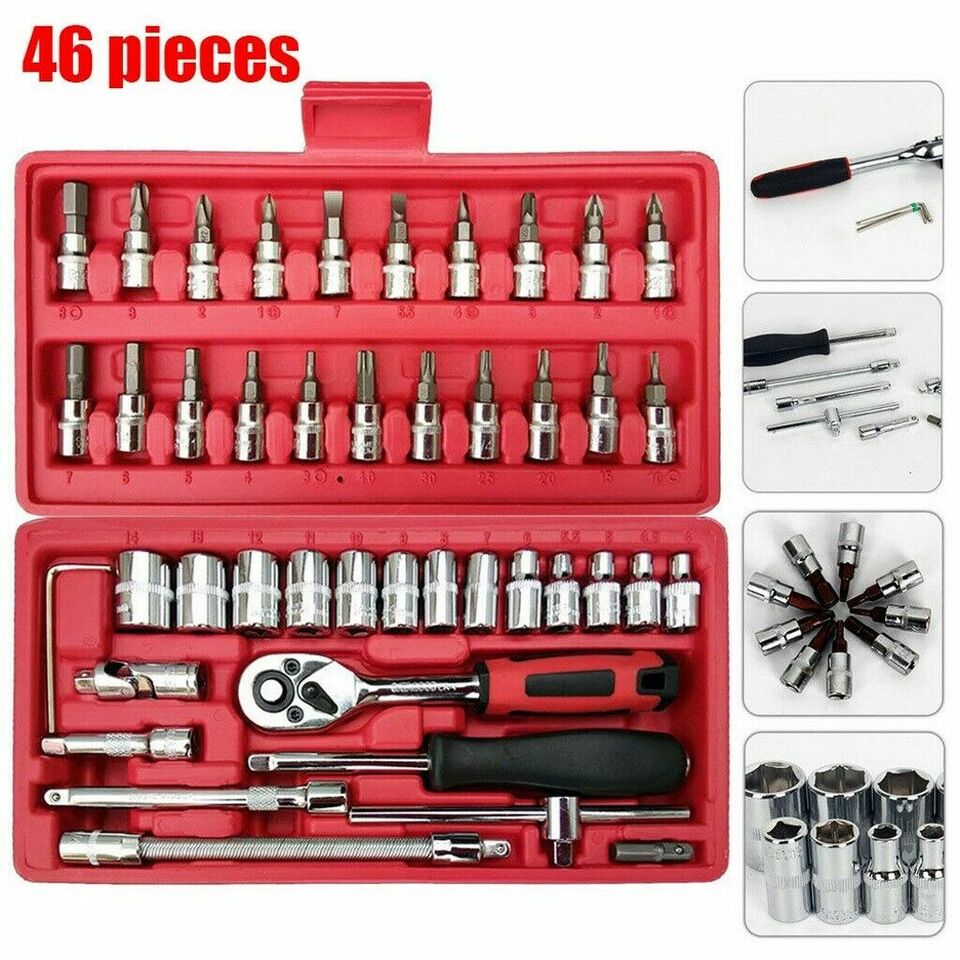 46Pcs Spanner Socket Screwdriver 1/4'' Car Repair Tool Set Ratchet Wrench Box