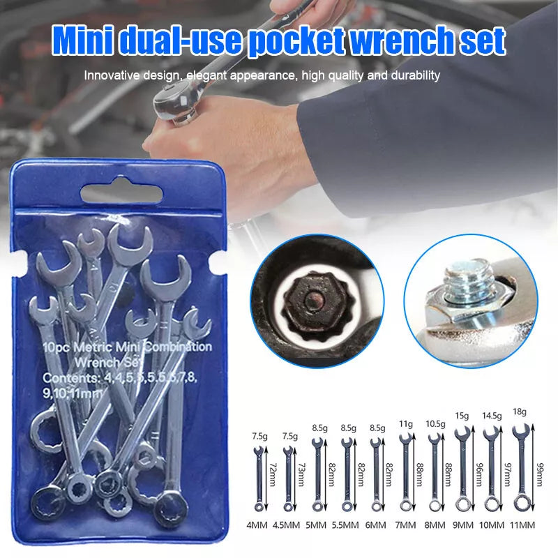 10PC Miniature Mini Combination Ring Open Wrench Spanner Set Metric 4-11MM