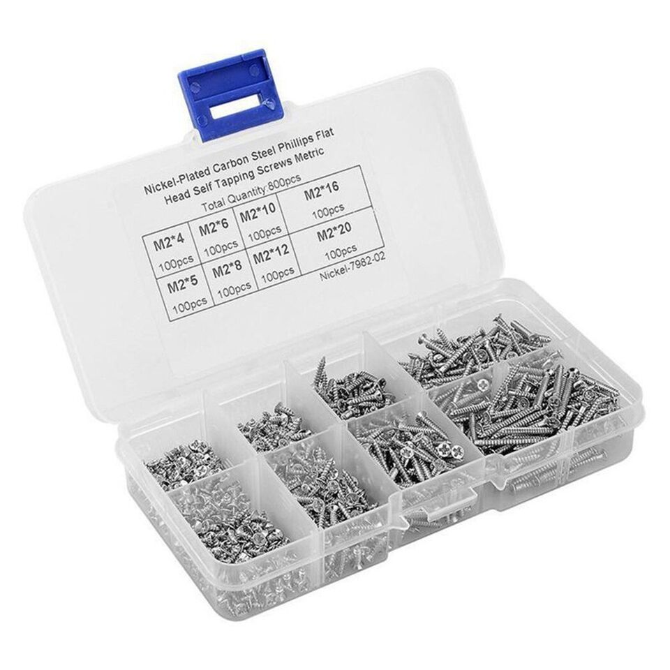 800pcs M2 Flat Head Phillips Assorted Self Tapping Screws Stainless Steel Set Kit