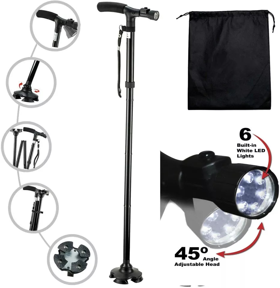 LED Walking Stick Cane Safety All Terrain Pivoting Base Folding Travel Arthritis