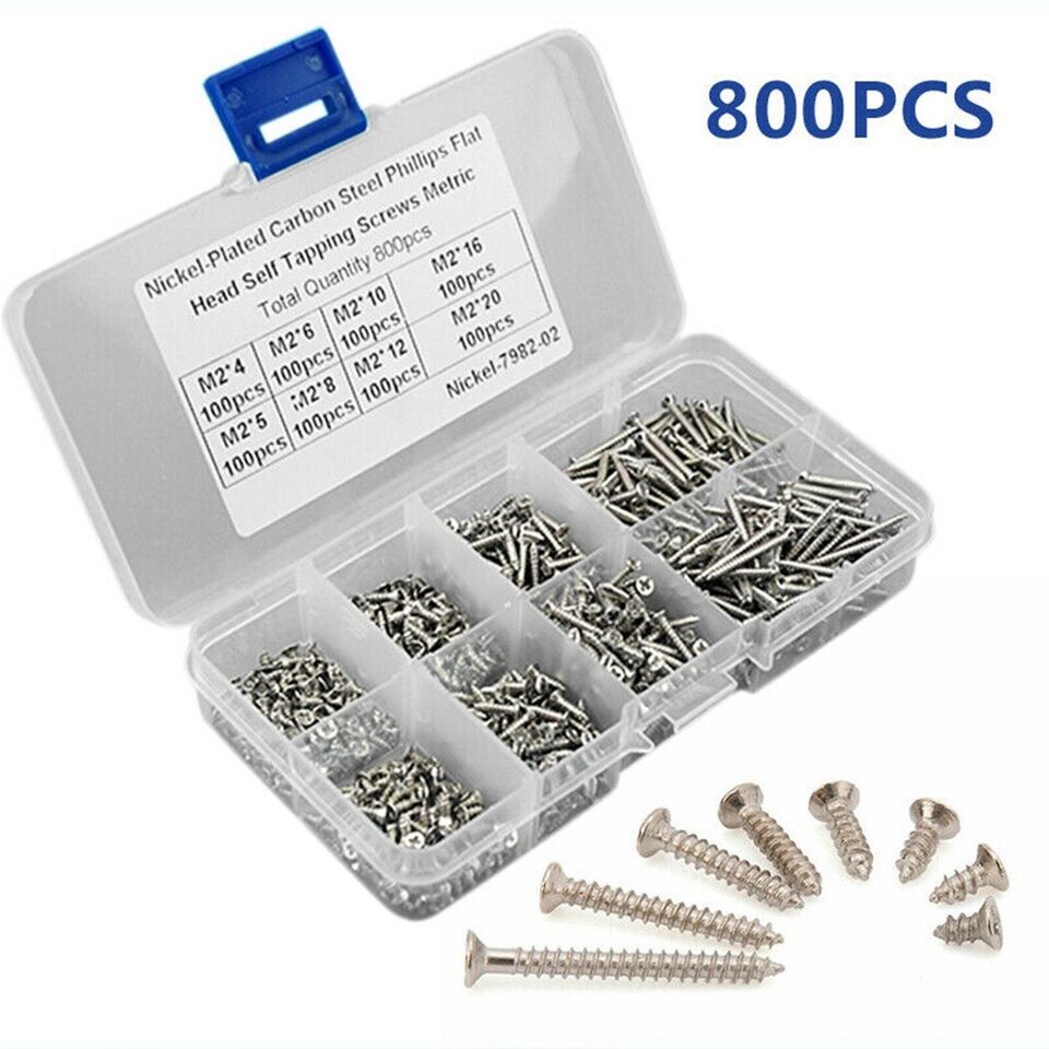 800pcs M2 Flat Head Phillips Assorted Self Tapping Screws Stainless Steel Set Kit